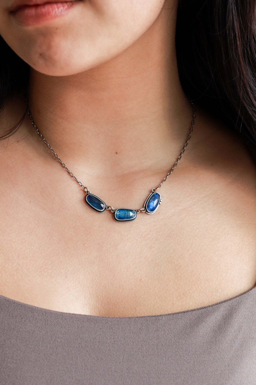 Deep Blue Kyanite Three Stone Necklace
