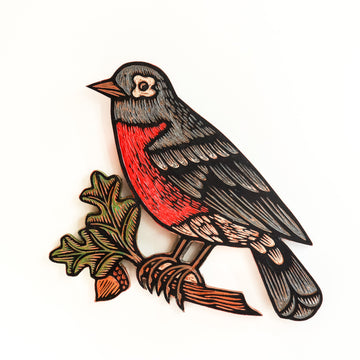 Robin on Branch 12x13 | Painted Wood Carving