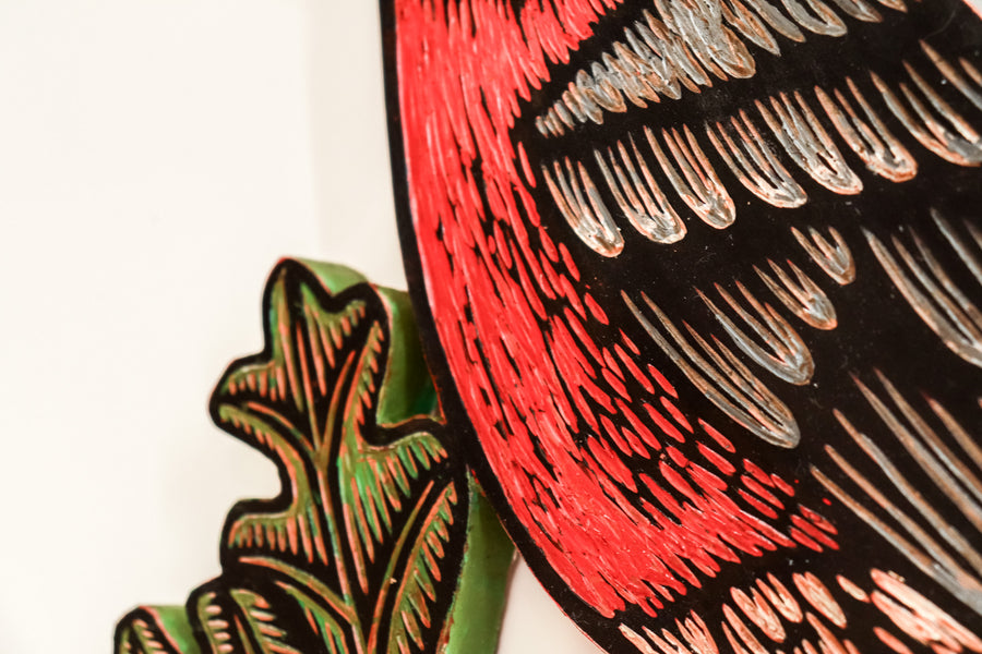 Robin on Branch 12x13 | Painted Wood Carving