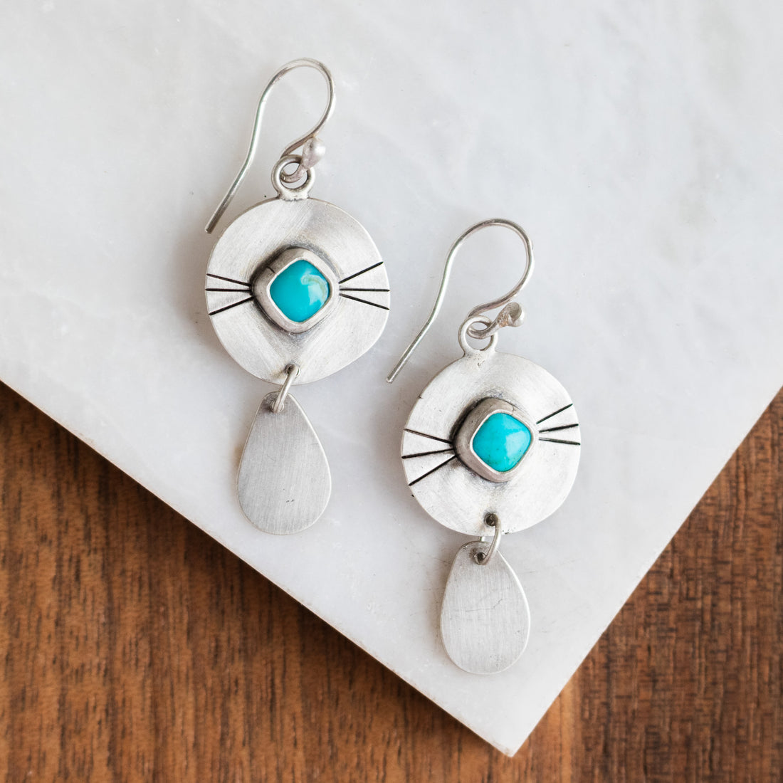 Round Stamped Royston Turquoise Earrings
