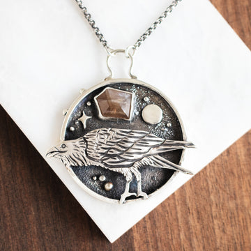 Topaz Raven Hand Carved Pendant Necklace