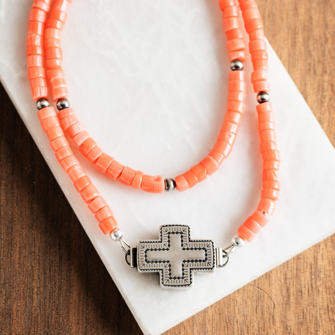 Southwest Cross Coral Heishi Bead Necklace