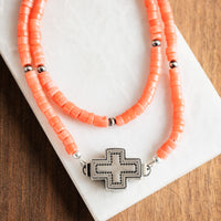 Southwest Cross Coral Heishi Bead Necklace