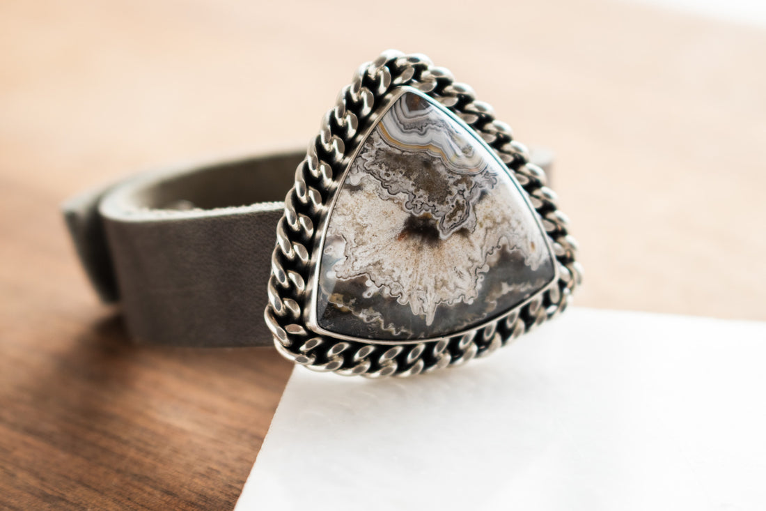 Crazy Lace Agate Adjustable Leather Cuff