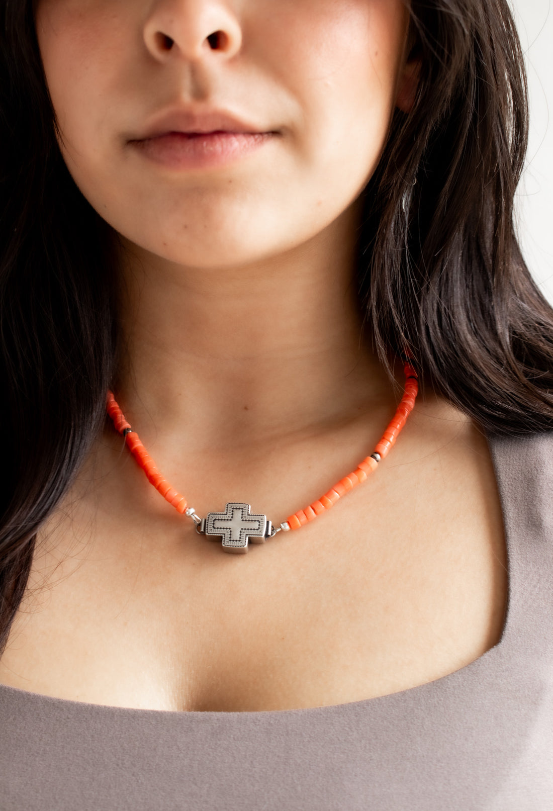 Southwest Cross Coral Heishi Bead Necklace