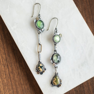 Green Three Stone Asymmetrical Earrings