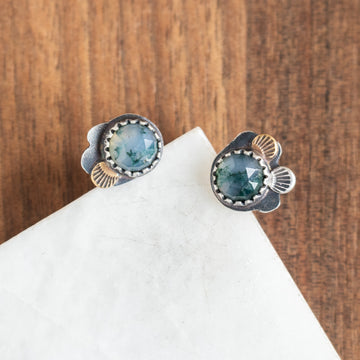 Moss Agate Mixed Metal Lace Stud Earrings