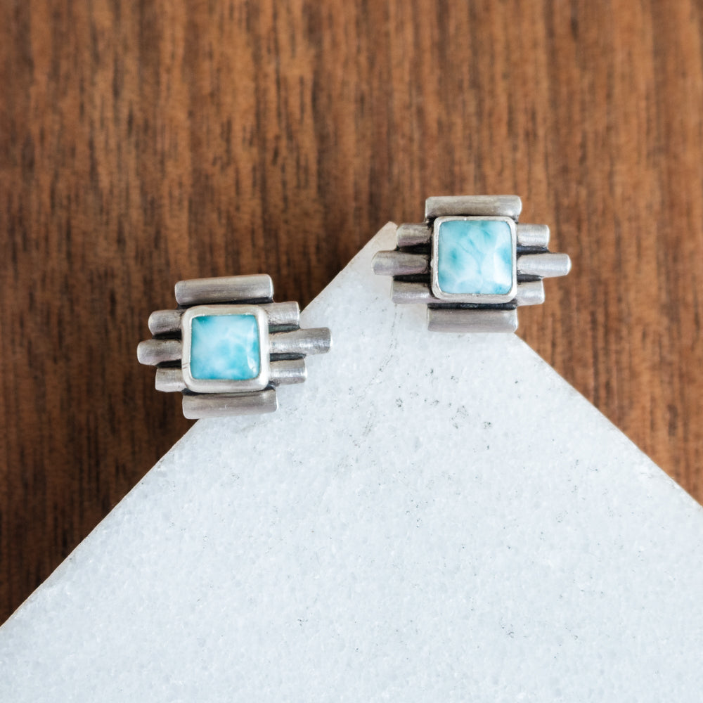 Square Stacked Larimar Stud Earrings