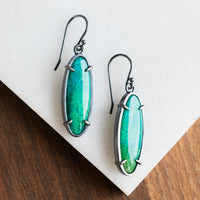 Blue Opalized Wood Oval Dangle Earrings