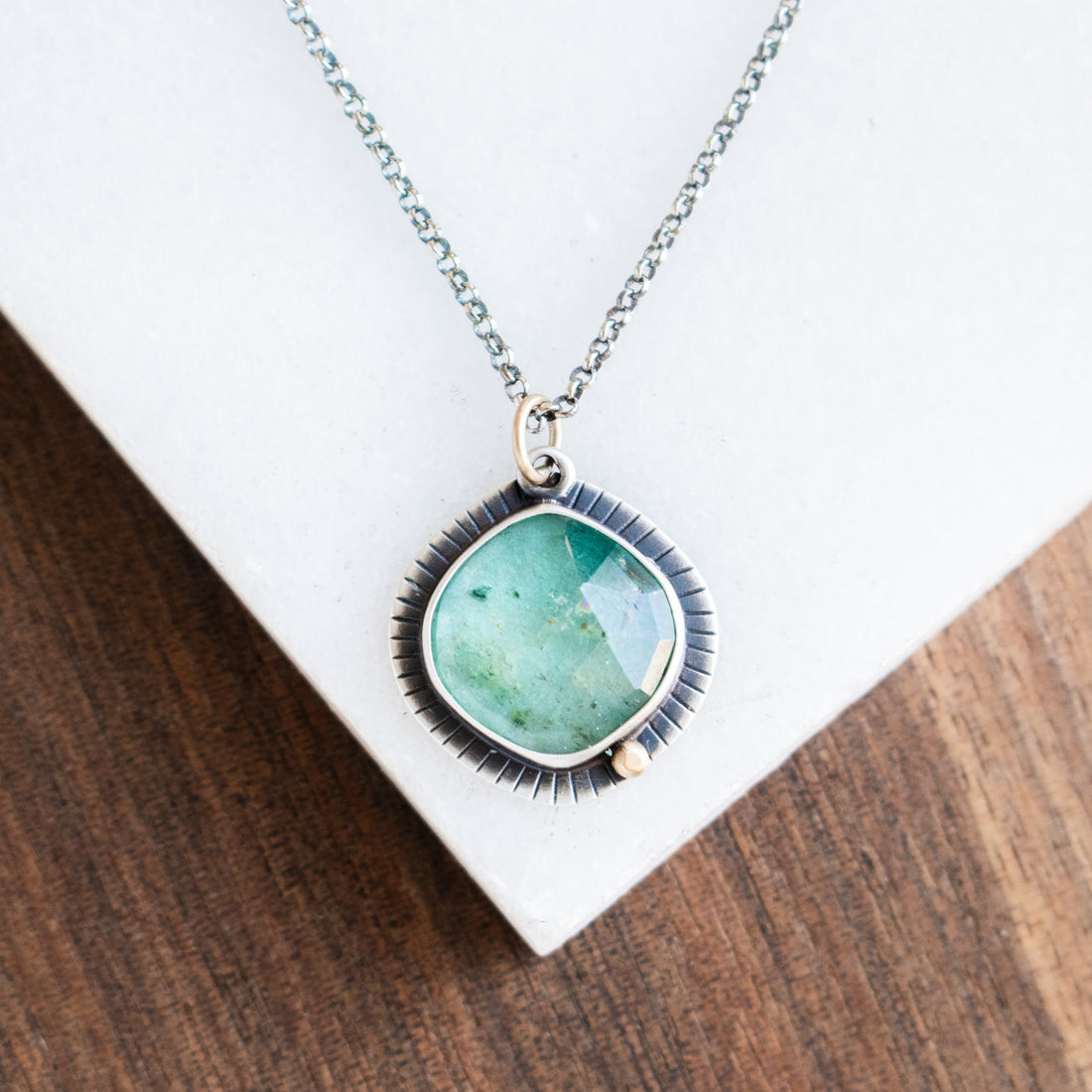 Green Kyanite Stamped w/ 14k Gold Pebble Necklace