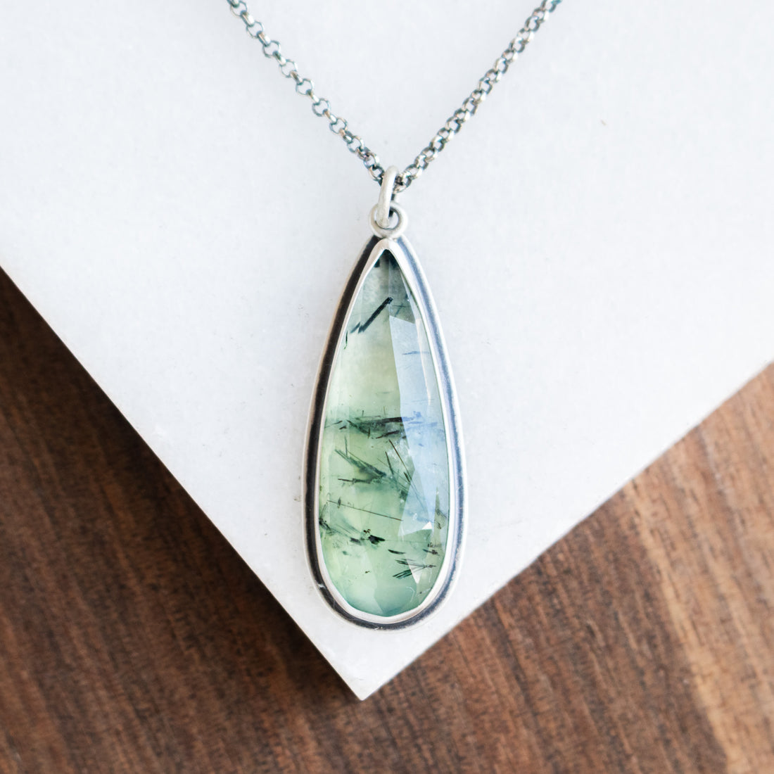 Prehnite Teardrop w/ Pod Charm Necklace
