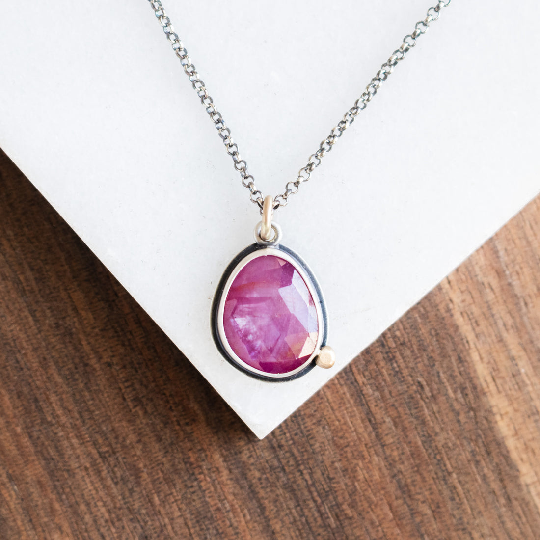 Pink Sapphire w/ 14k Gold Pebble Necklace