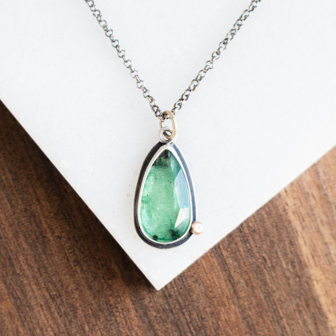 Green Kyanite Teardrop w/ 14k Gold Pebble Necklace