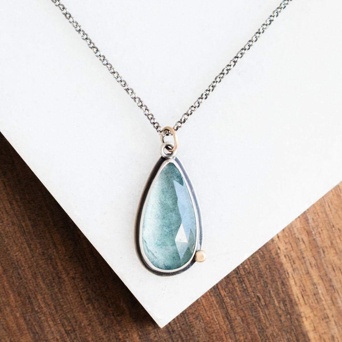 Moss Aquamarine Teardrop w/ 14k Gold Pebble Necklace