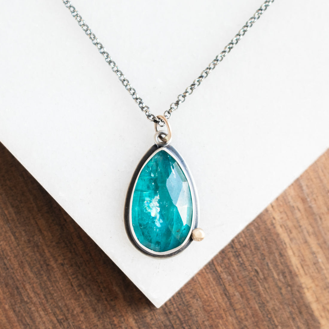Blue Kyanite Teardrop w/ 14k Gold Pebble Necklace