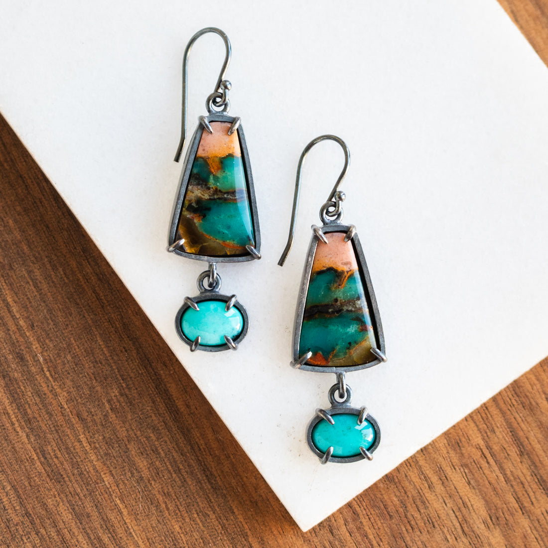 Bacan Island Chrysocolla, Opal Wood Earrings
