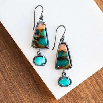 Bacan Island Chrysocolla, Opal Wood Earrings