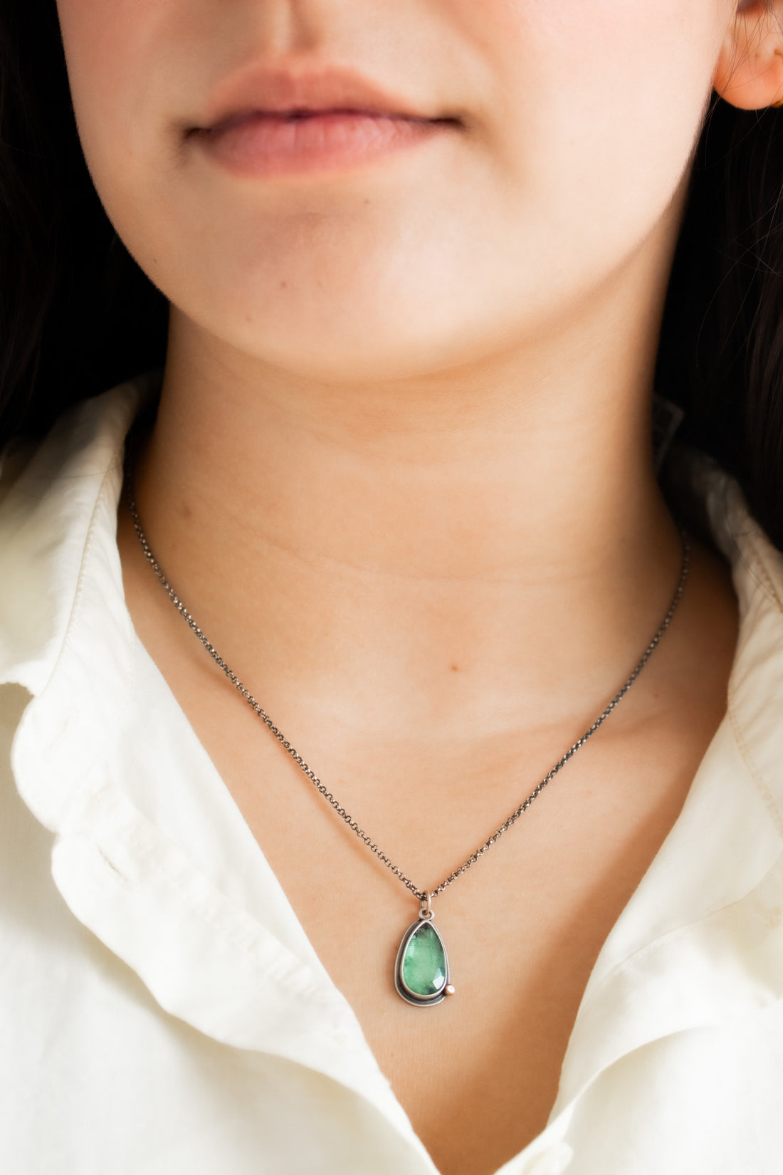 Green Kyanite Teardrop w/ 14k Gold Pebble Necklace