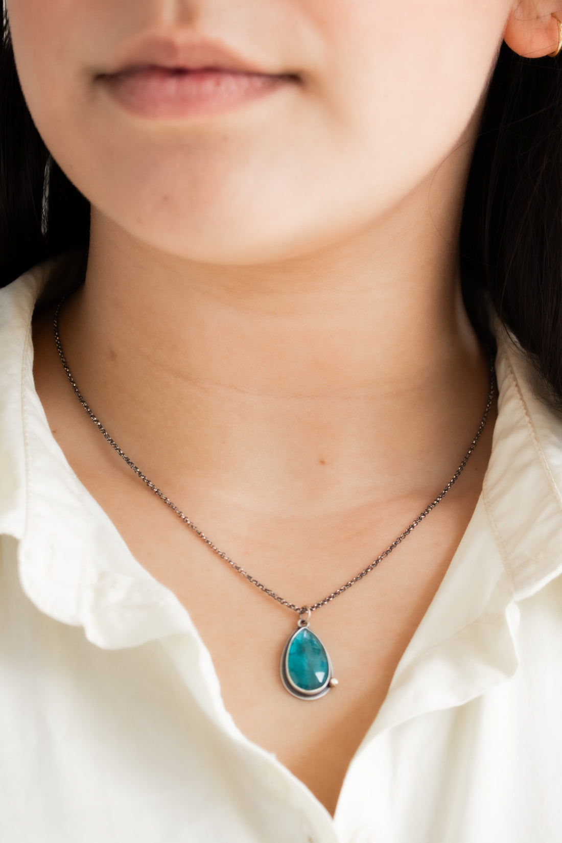 Blue Kyanite Teardrop w/ 14k Gold Pebble Necklace