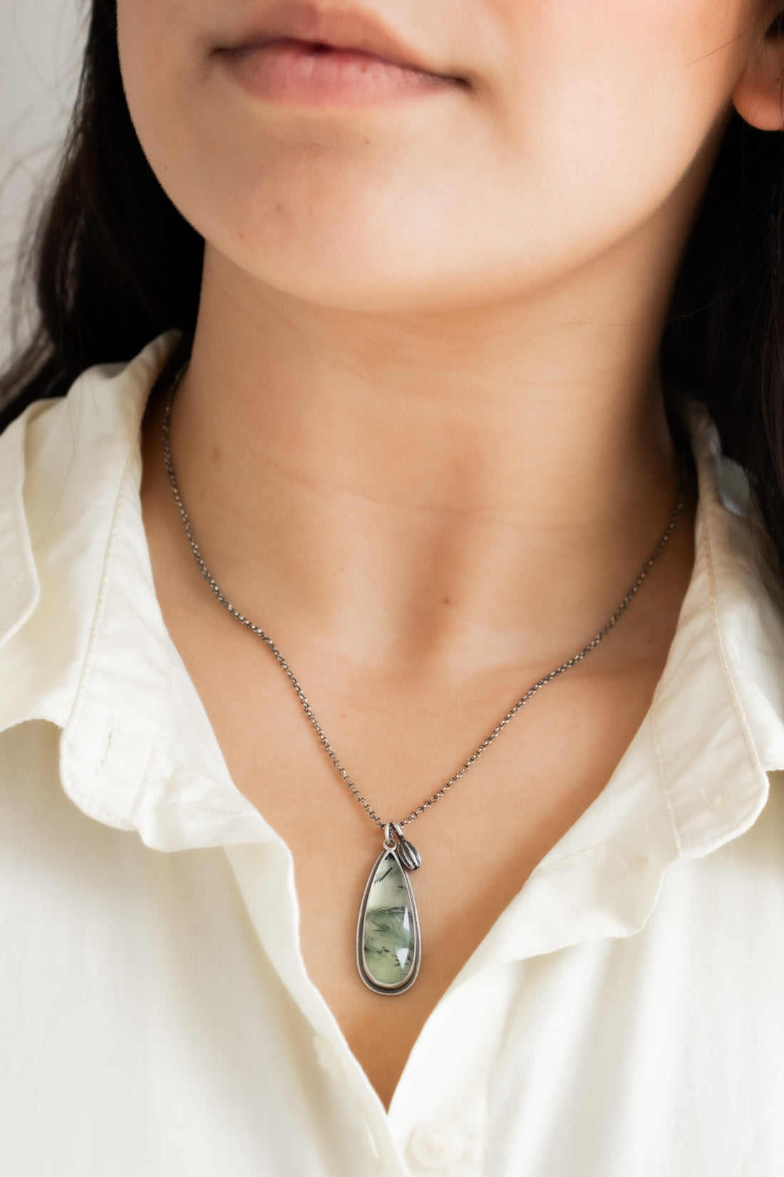 Prehnite Teardrop w/ Pod Charm Necklace
