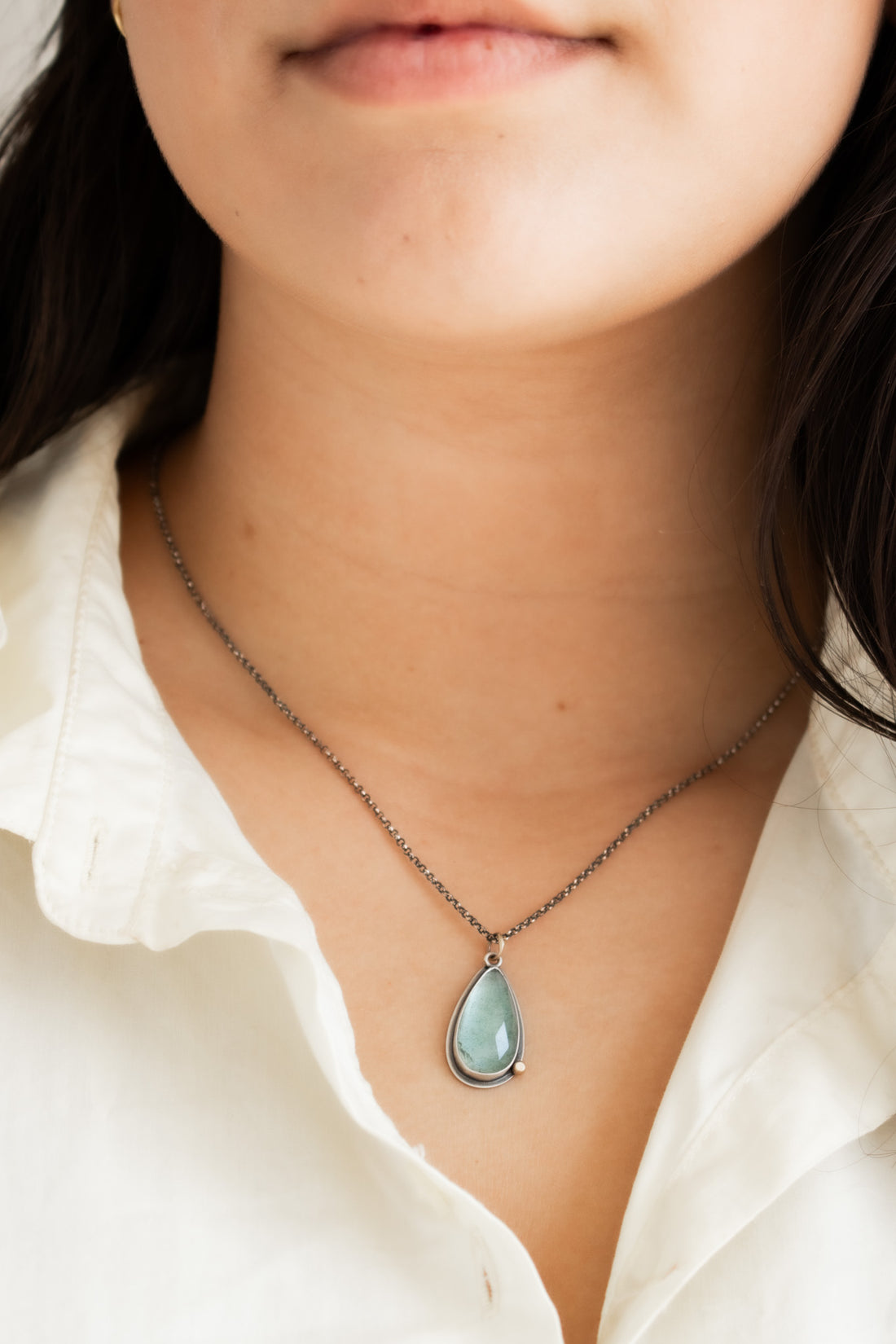 Moss Aquamarine Teardrop w/ 14k Gold Pebble Necklace