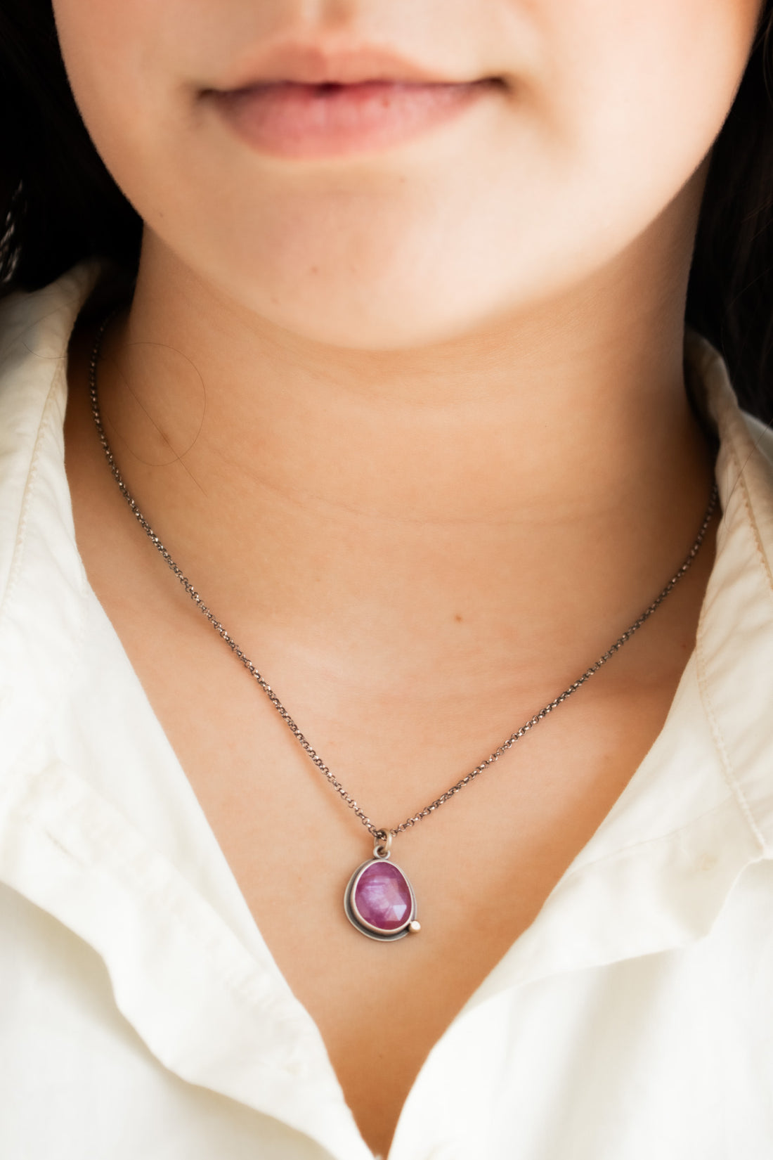 Pink Sapphire w/ 14k Gold Pebble Necklace