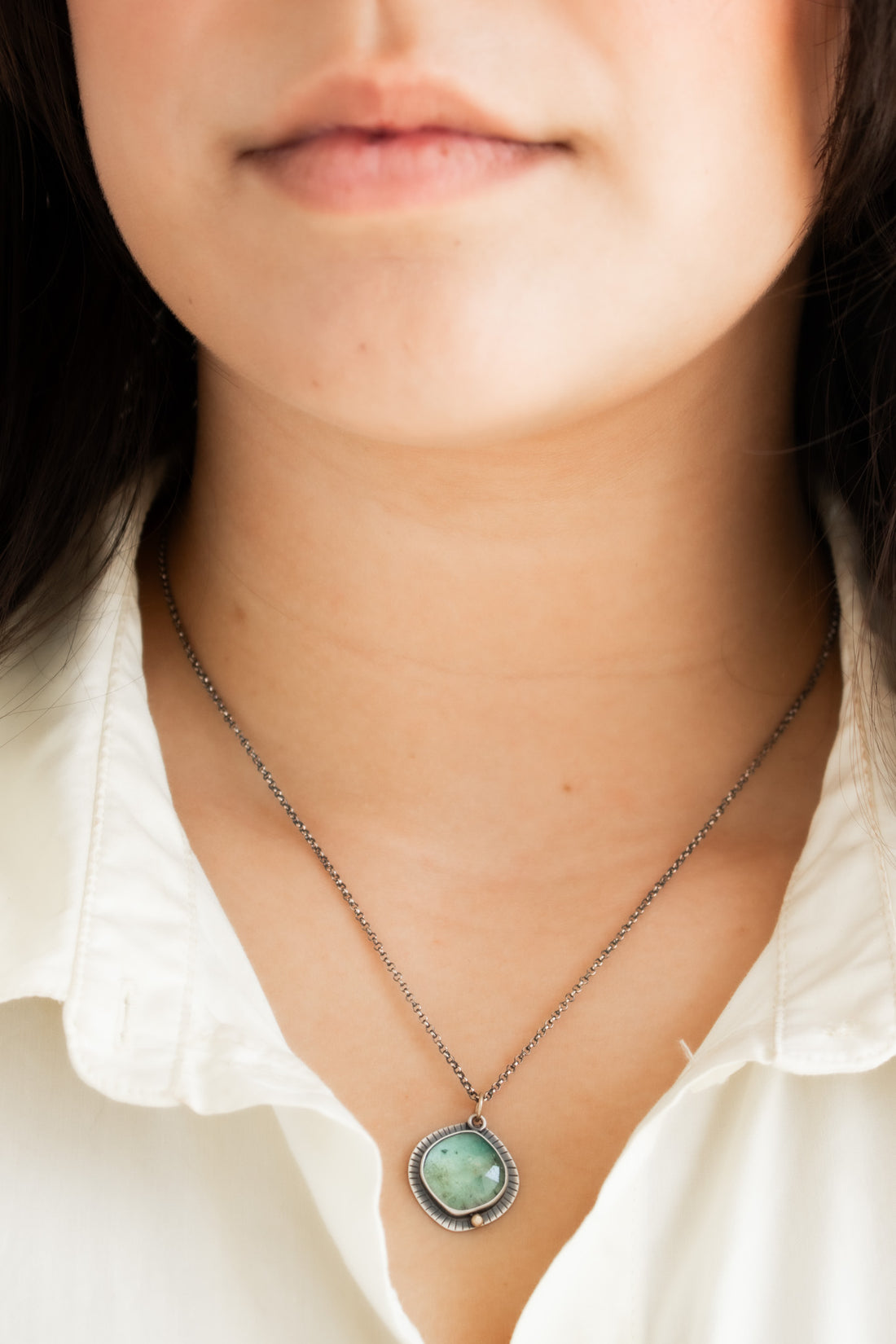 Green Kyanite Stamped w/ 14k Gold Pebble Necklace