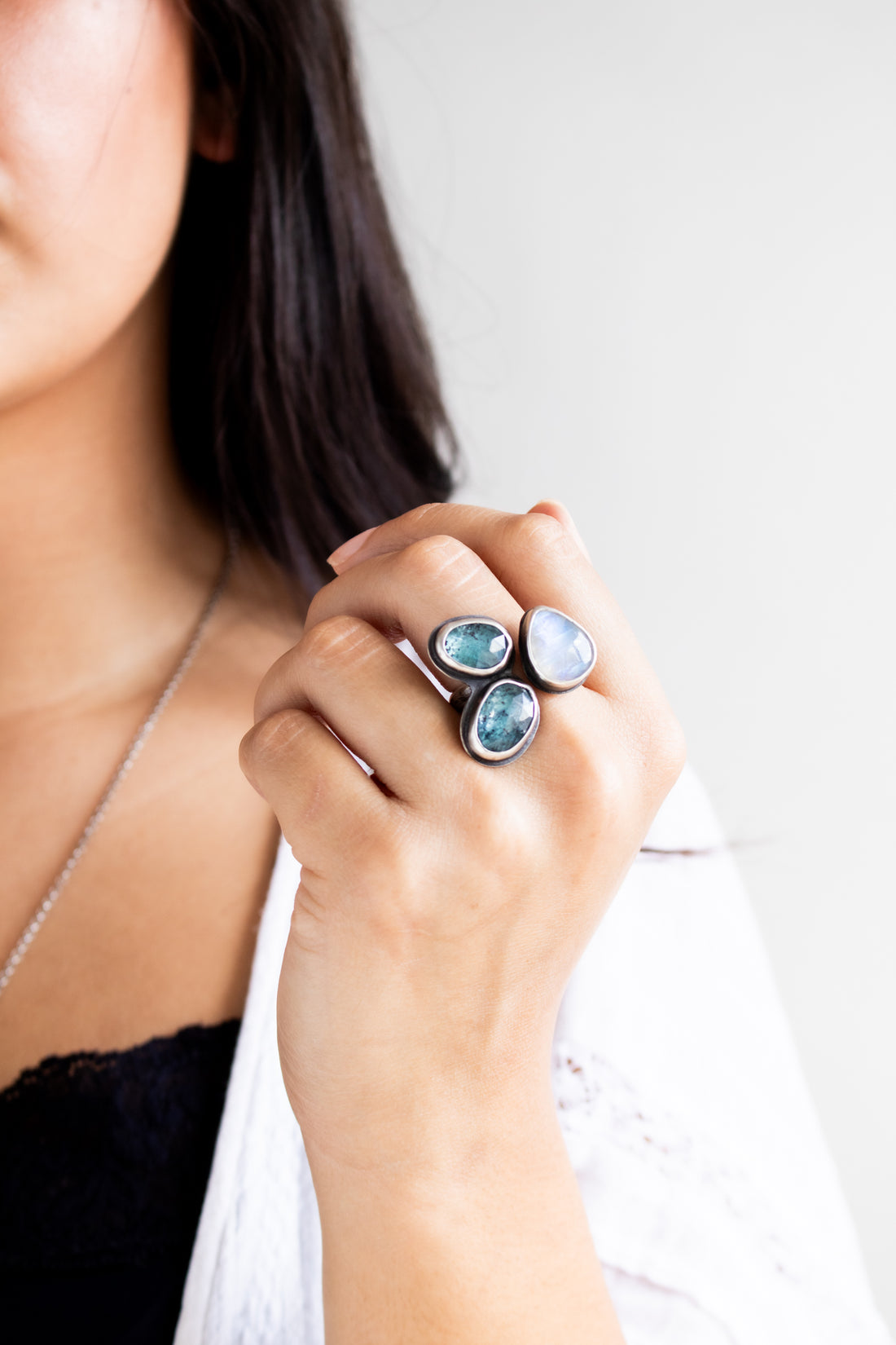 Size 8.5 | Kyanite & Moonstone Triple Stone Ring