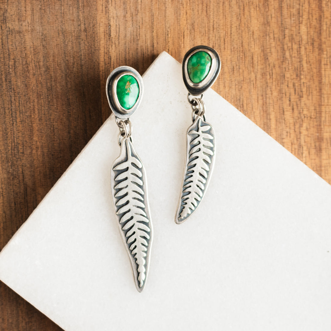 Emerald Valley Turquoise Asymmetric Fern Earrings