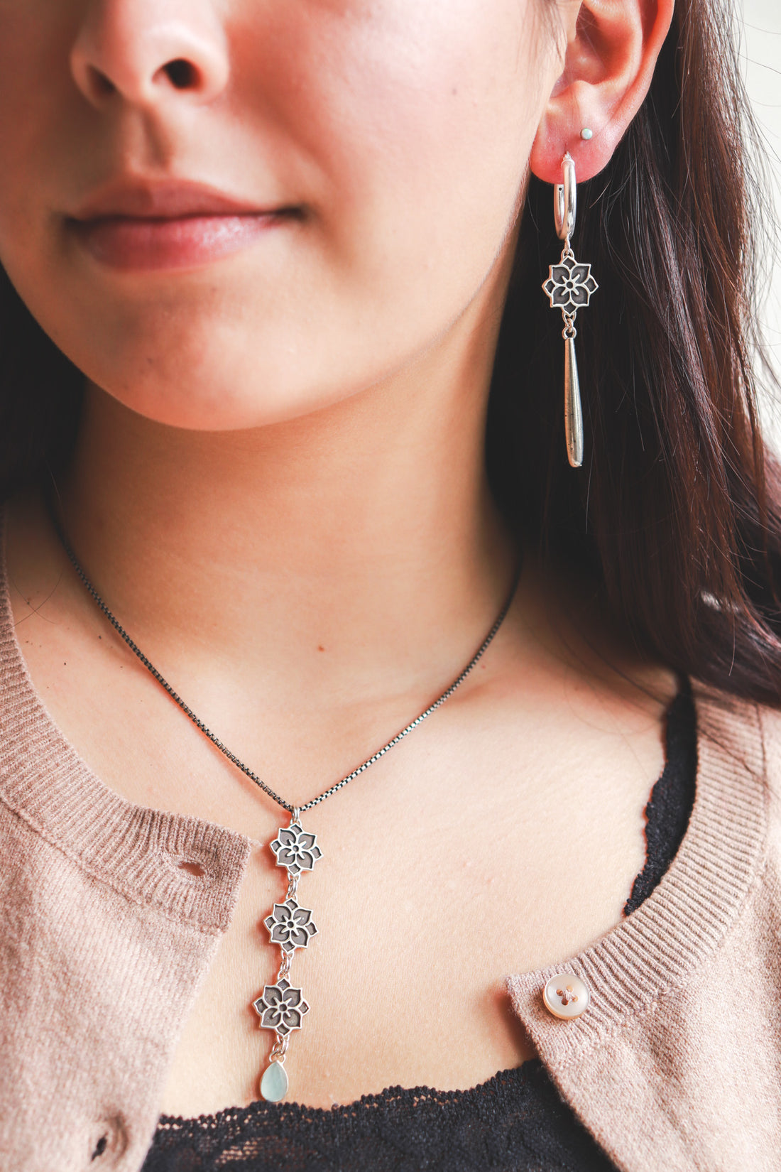 Silver Teardrop Meraki Dangle Hoop Earrings