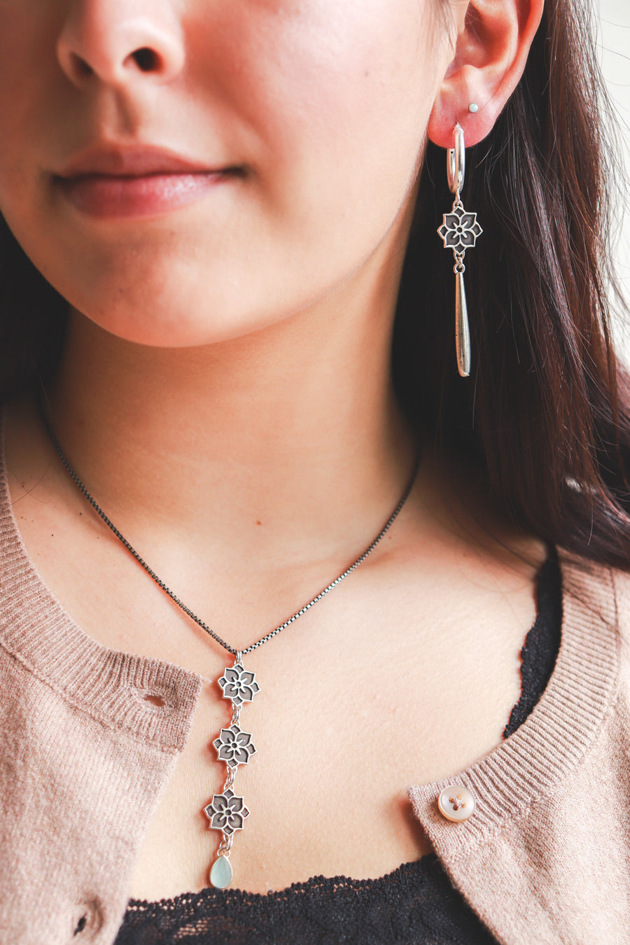 Silver Teardrop Meraki Dangle Hoop Earrings