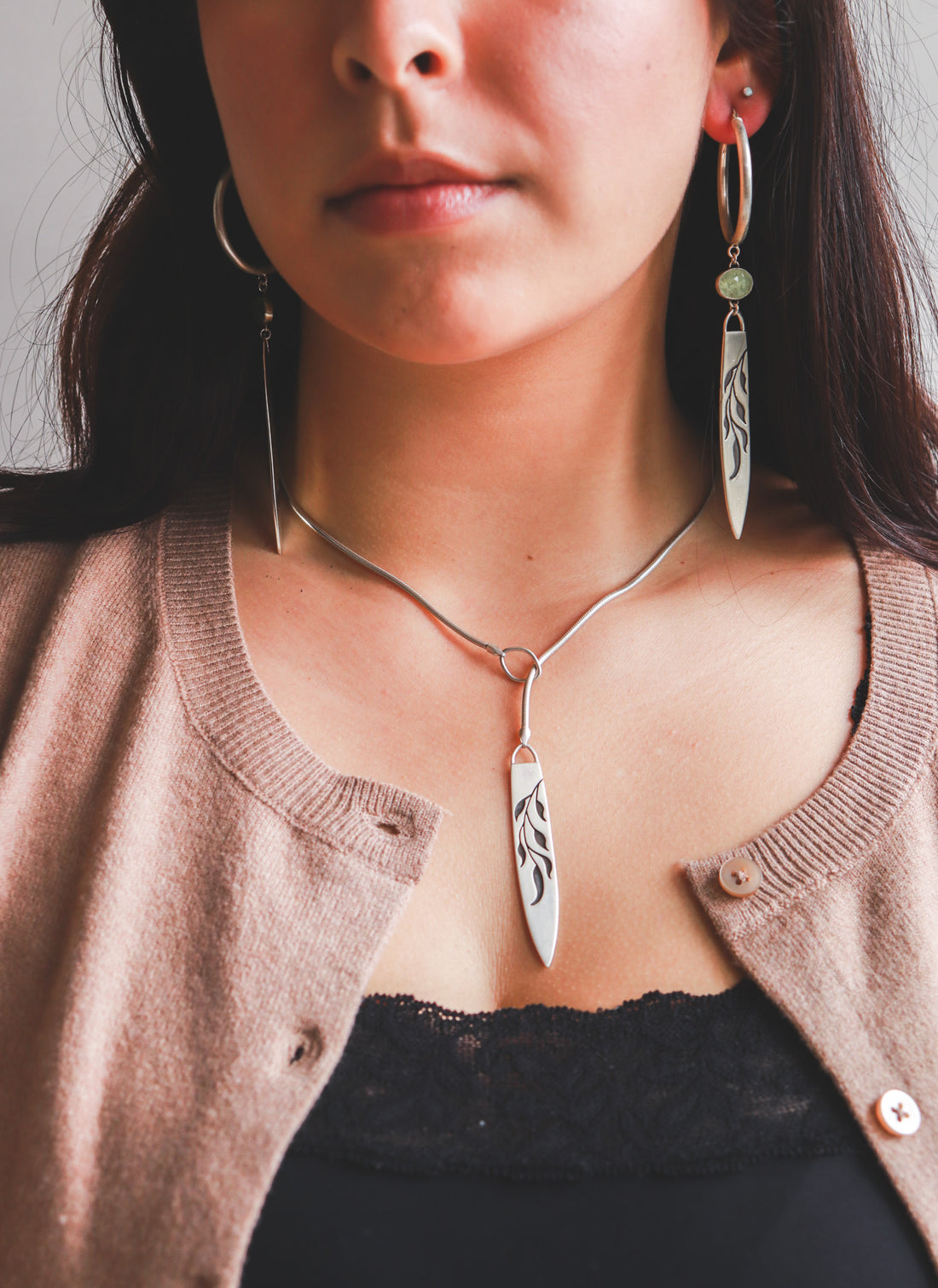 Prehnite Botanical Surfboard Hoop Earrings