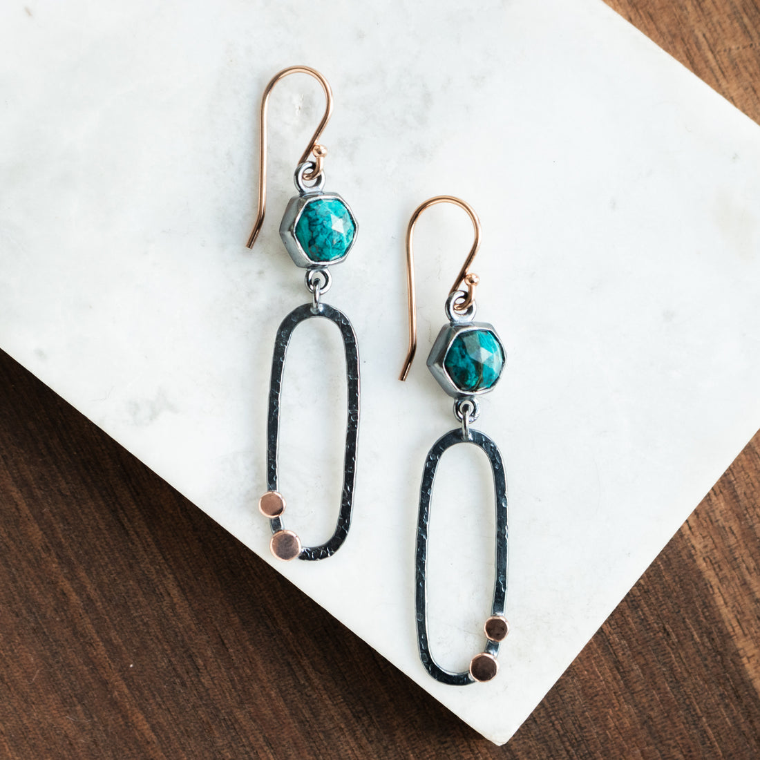 Shattuckite Rose Gold Dot Earrings