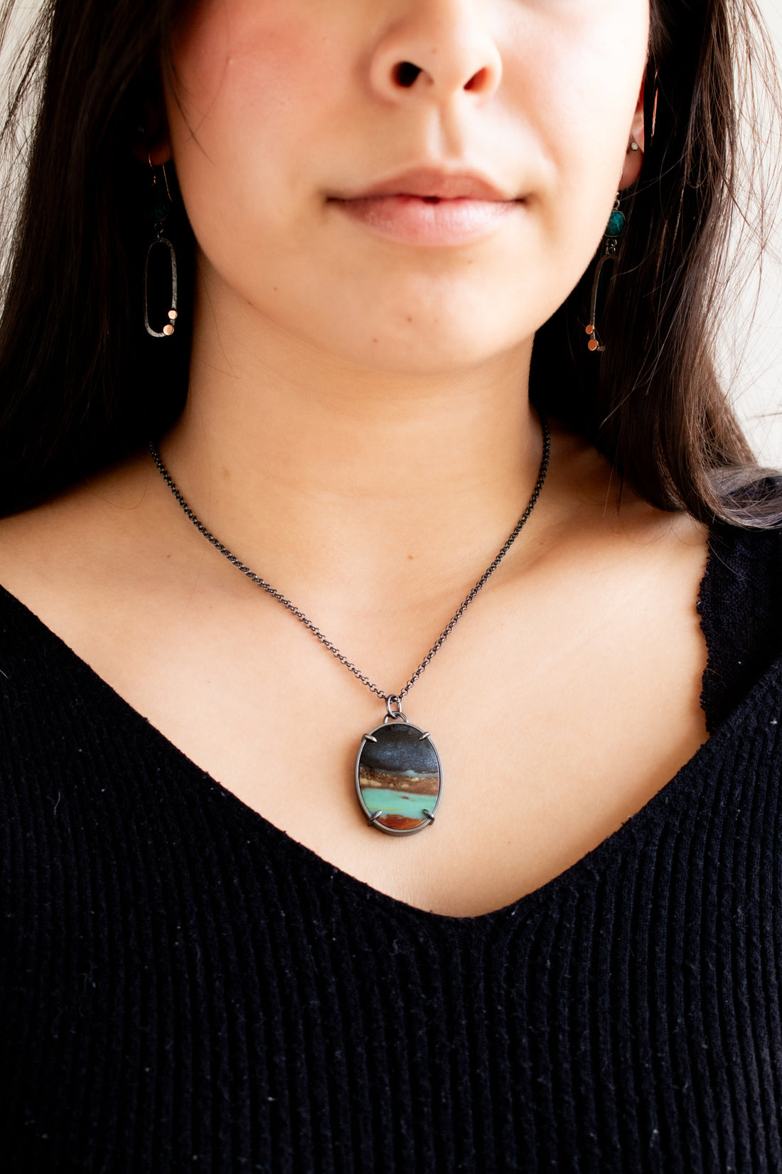 Blue Opalized Wood Medium Oval Necklace