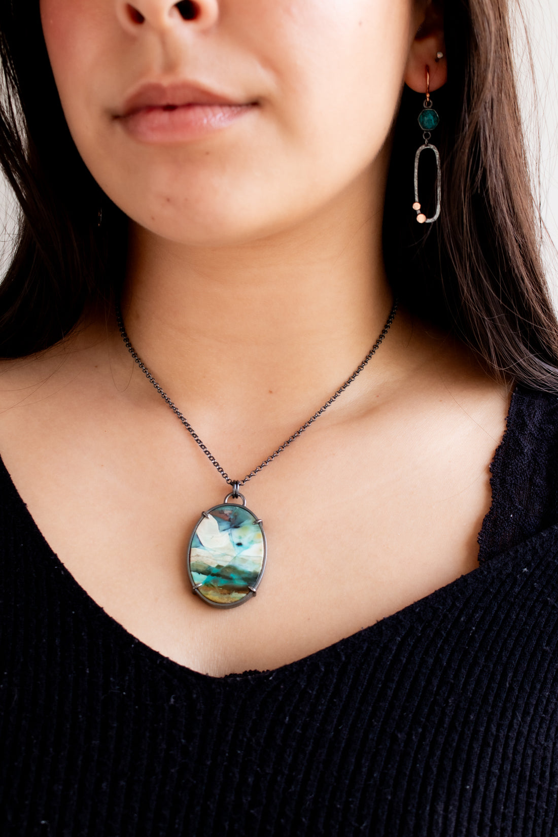 Blue Opalized Wood Large Oval Necklace