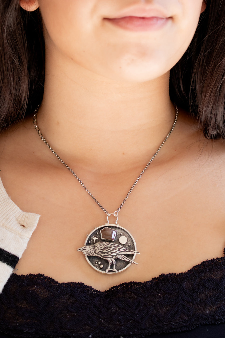 Topaz Raven Hand Carved Pendant Necklace