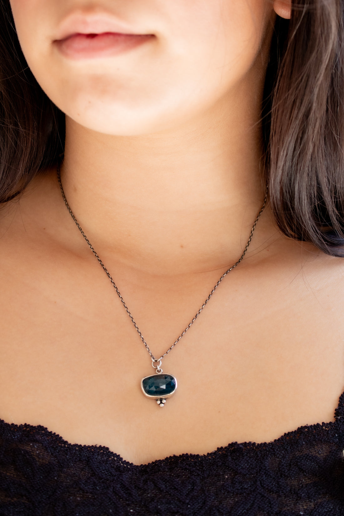 Kyanite Dark Blue Oval Horizontal Necklace
