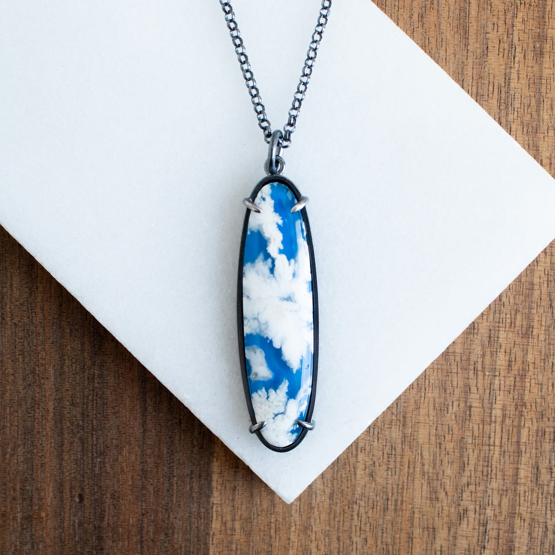 Cloud Plume Agate Elongated Oval Necklace