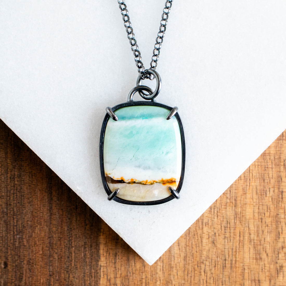 Blue Opalized Petrified Wood Small Rectangle Necklace