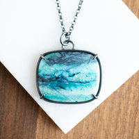 Blue Opalized Wood Large Rectangle Necklace