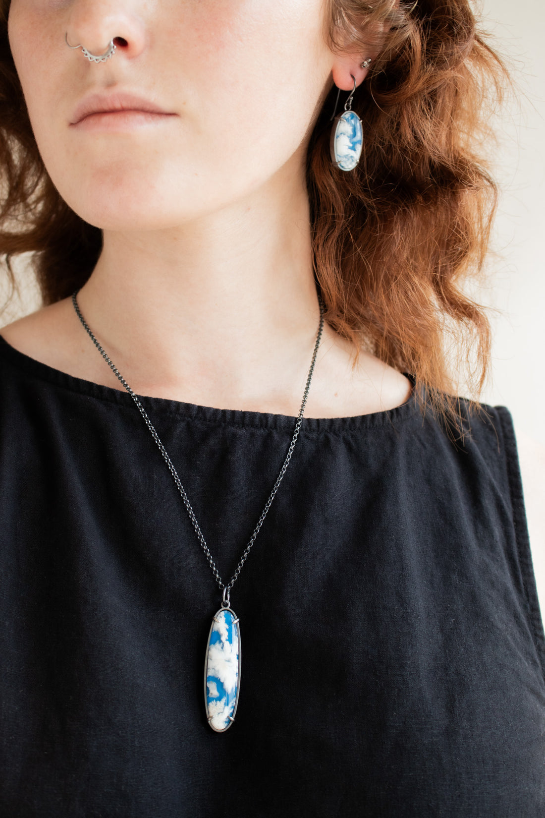 Cloud Plume Agate Elongated Oval Necklace