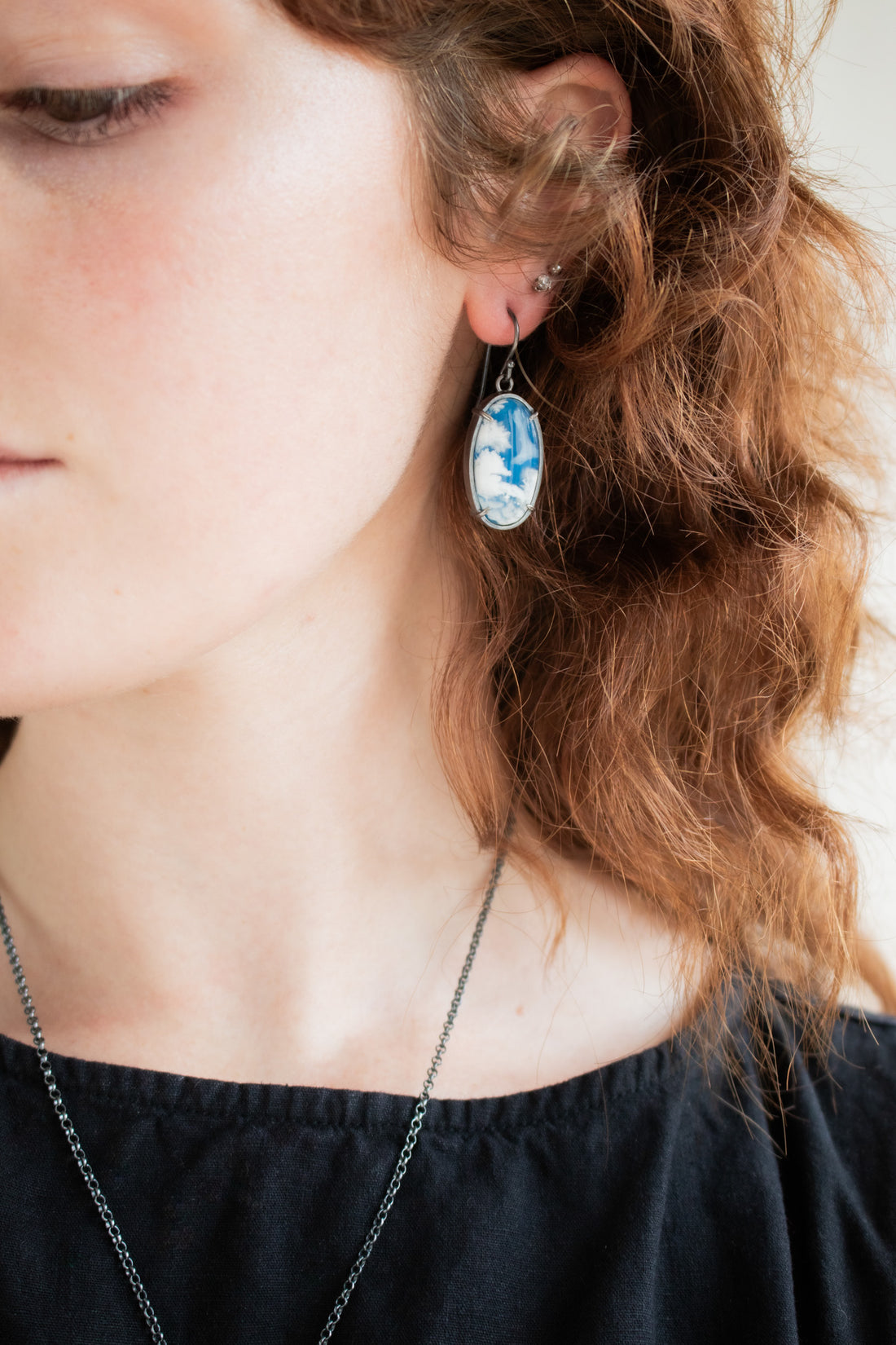 Cloud Plume Agate Oval Earrings