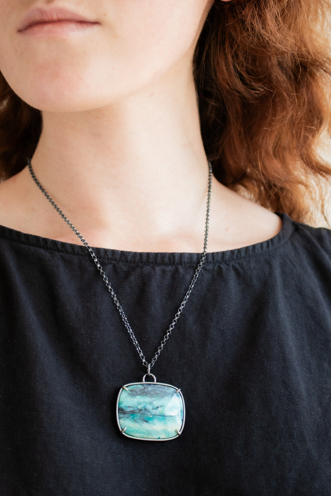 Blue Opalized Wood Large Rectangle Necklace