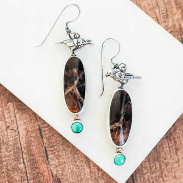 Petrified Wood Turquoise Raven Earrings