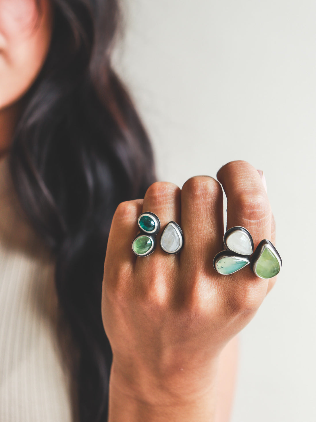 7.5-8 Moonstone, Prehnite & Kyanite Ring