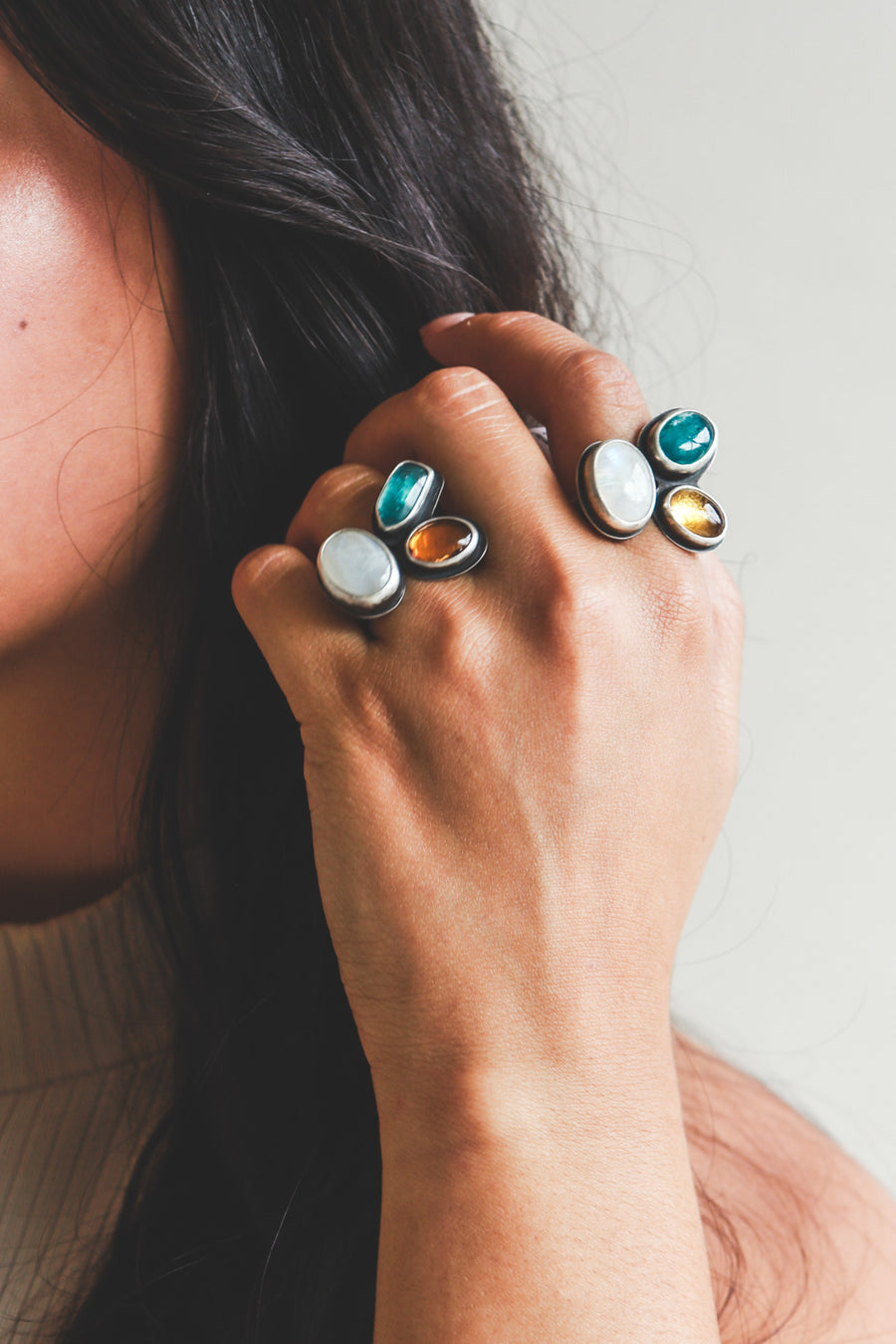 8 Moonstone, Kyanite & Citrine Ring no.1