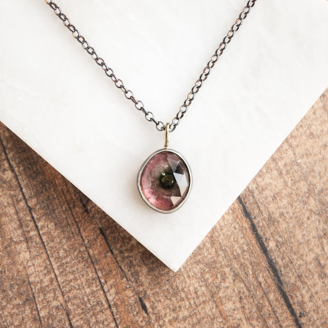Watermelon Tourmaline 14k Drop Necklace