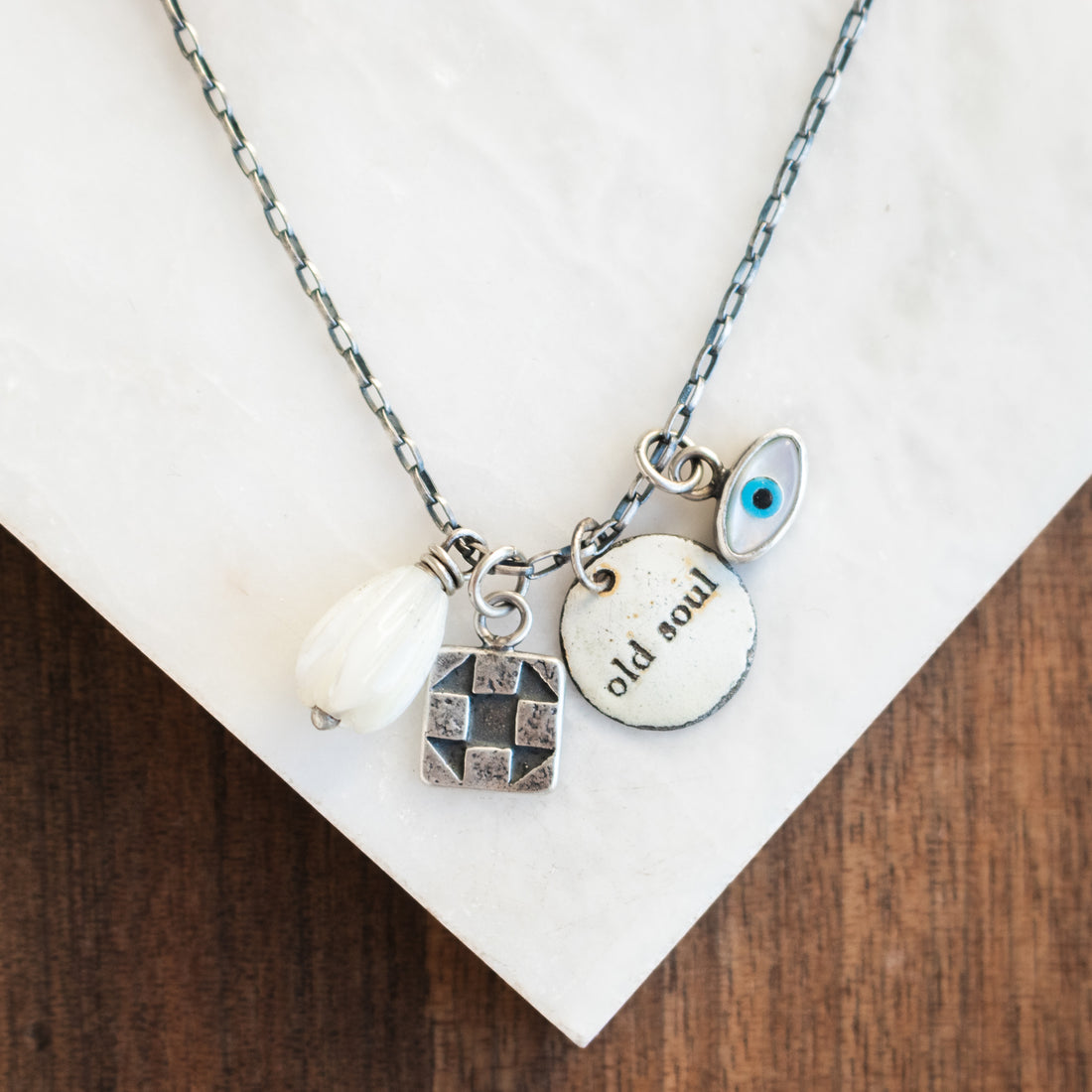 Quilt Block Moonstone Flower Charm Necklace