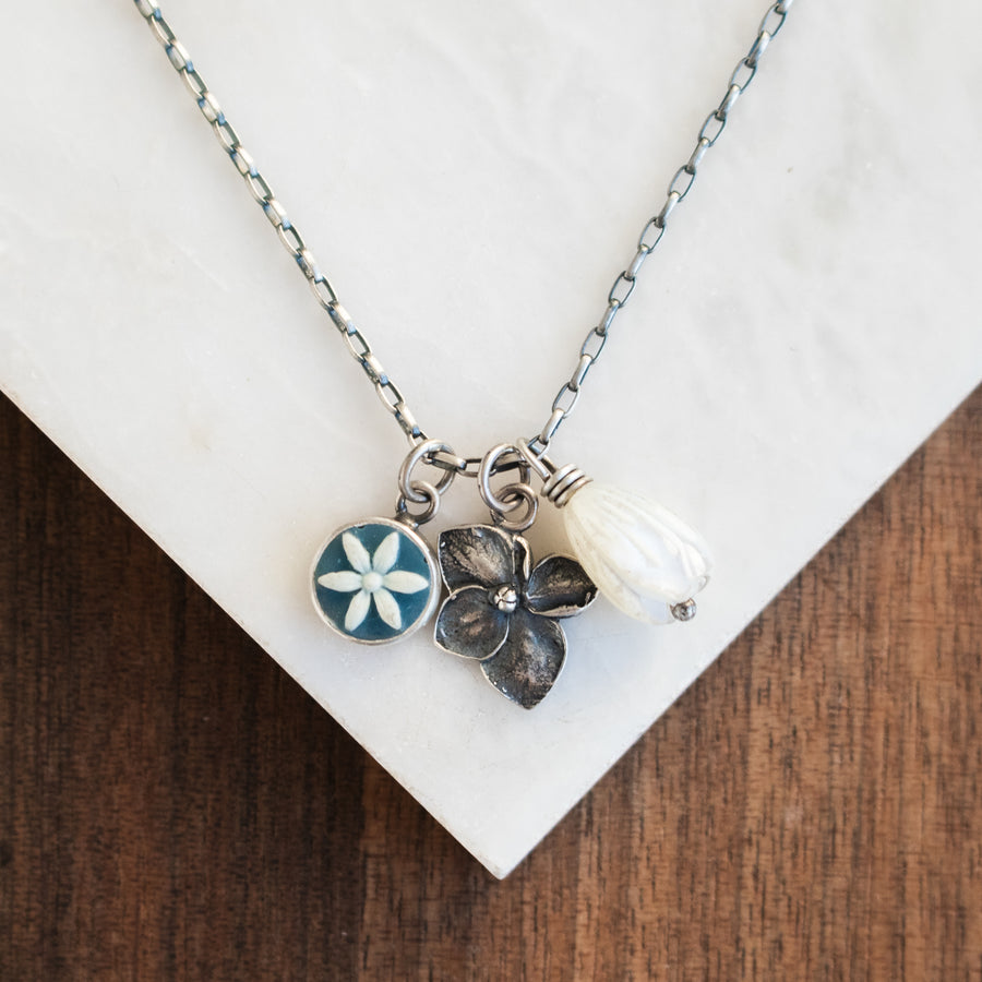 Blue Resin/Silver Hydrangea/Moonstone Flower Curiosities Necklace