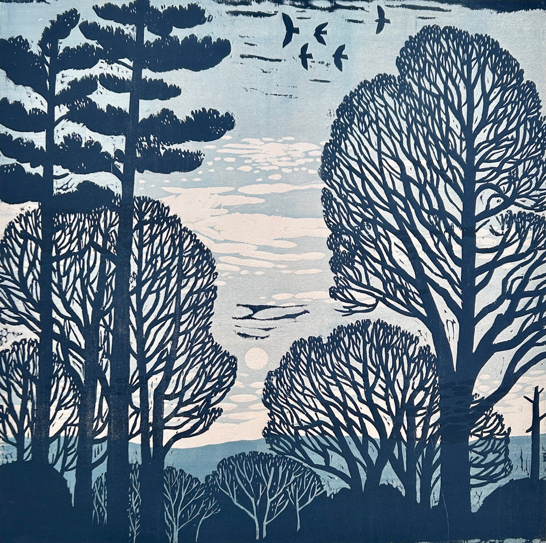 Morning Moon Set 24x24 | Woodblock Print